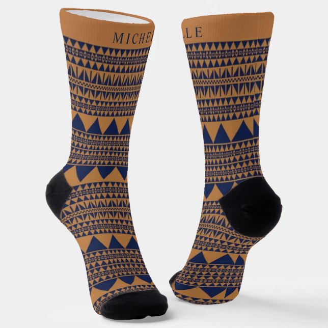 Custom Copper Brown Dark Navy Blue  Aztec Pattern Socks (Angled)