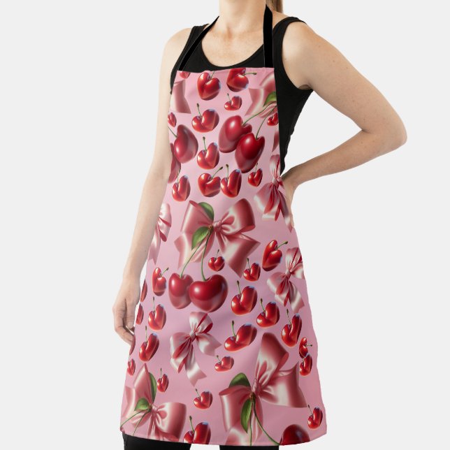 Custom Coquette Heart Cherry Bow Pattern Apron (Insitu)