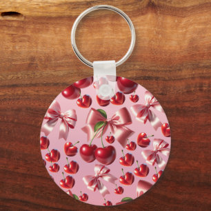 Custom Coquette Heart Cherry Bow Pattern Key Ring