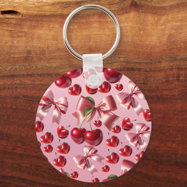 Custom Coquette Heart Cherry Bow Pattern Key Ring (Front)