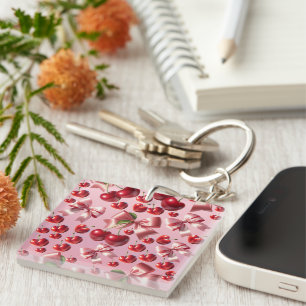 Custom Coquette Heart Cherry Bow Pattern Key Ring