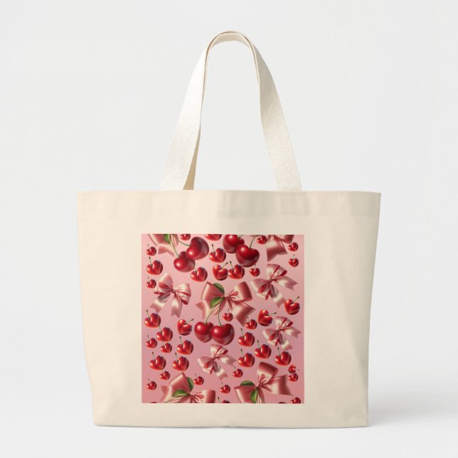 Custom Coquette Heart Cherry Bow Pattern Large Tote Bag (Front)