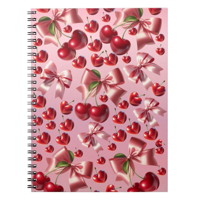 Custom Coquette Heart Cherry Bow Pattern Notebook (Front)
