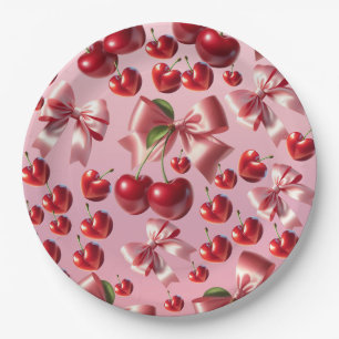 Custom Coquette Heart Cherry Bow Pattern Paper Plate