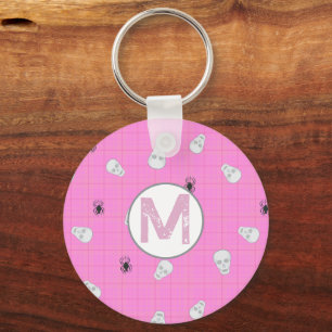 Custom Coquette Pink Plaid Halloween Skulls Key Ring
