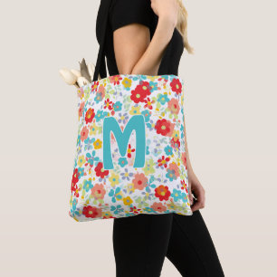 Custom Coral Blush Pink Aqua Blue Flower Pattern Tote Bag
