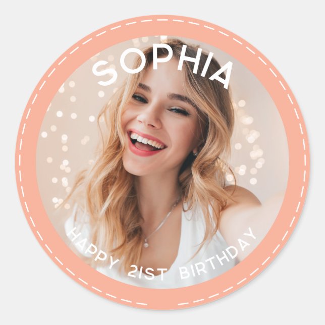Custom Coral Modern 21st Birthday Photo Classic Round Sticker (Front)