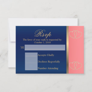 Custom - Coral & Navy Blue with Gold Hearts - RSVP Card