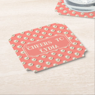 Custom Coral Pearl “Cheers to Name" Paper Coaster