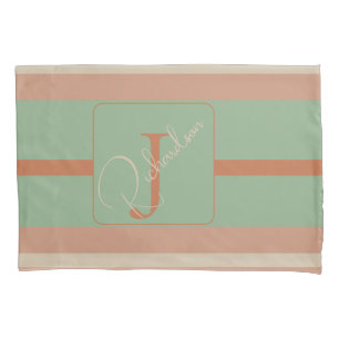 Custom Coral Sage Stripe Monogram Boho Pastel Chi Pillowcase