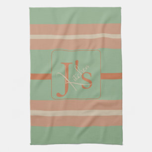 Custom Coral Sage Stripe Monogram Boho Pastel Chi Tea Towel