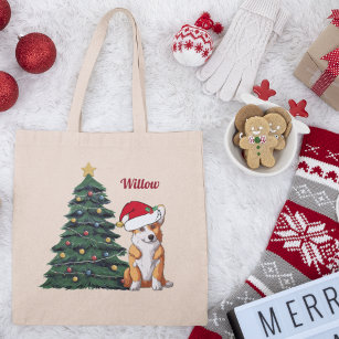 Custom Corgi Christmas Tree Dog in Santa Hat Tote Bag
