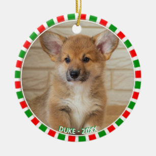 Custom corgi dog photo and green red frame ceramic ornament