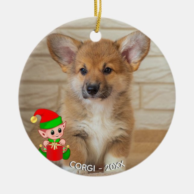 Custom Corgi Dog Photo with Cute Elf Ceramic Ornament (Front)