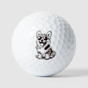 Custom Corgi Puppy with Sunglasses   Sketch Art Golf Balls