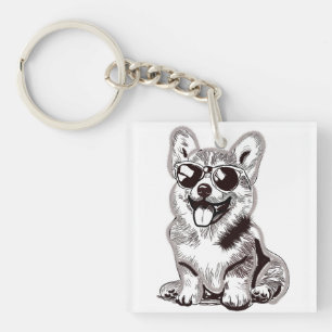 Custom Corgi Puppy with Sunglasses   Sketch Art Key Ring