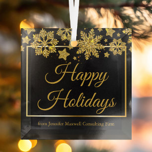 Custom Corporate Christmas Black Gold Snowflake Glass Tree Decoration