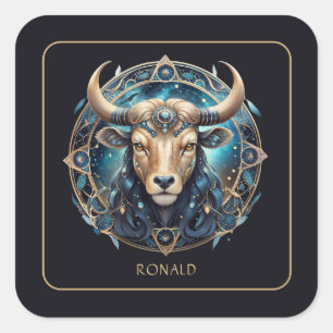 Custom Cosmic Bull Zodiac Symbol Black Gold Taurus Square Sticker