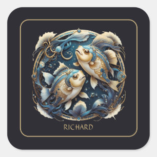 Custom Cosmic Fish Zodiac Sign Black Gold Pisces Square Sticker