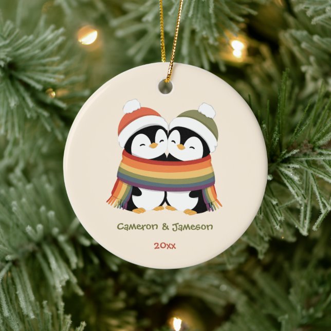 Custom Cosy Pride Penguins Christmas Ceramic Ornament (Tree)