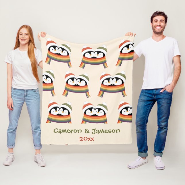 Custom Cosy Pride Penguins Christmas Fleece Blanket (In Situ)