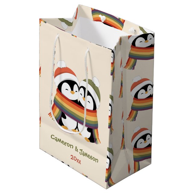 Custom Cosy Pride Penguins Christmas Medium Gift Bag (Front Angled)