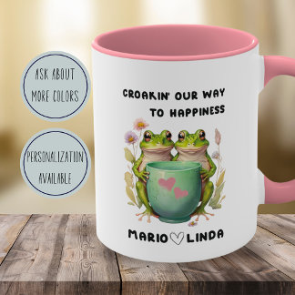Custom cottagecore couple anniversary floral frog Two-Tone coffee mug