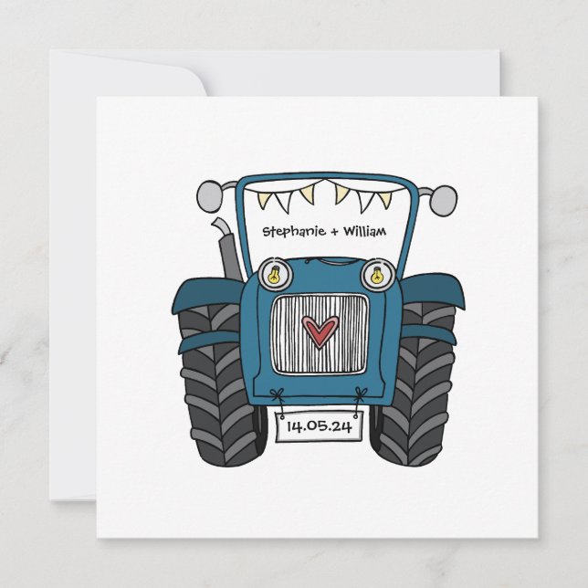 Custom Country Wedding Blue Tractor Invitation (Front)