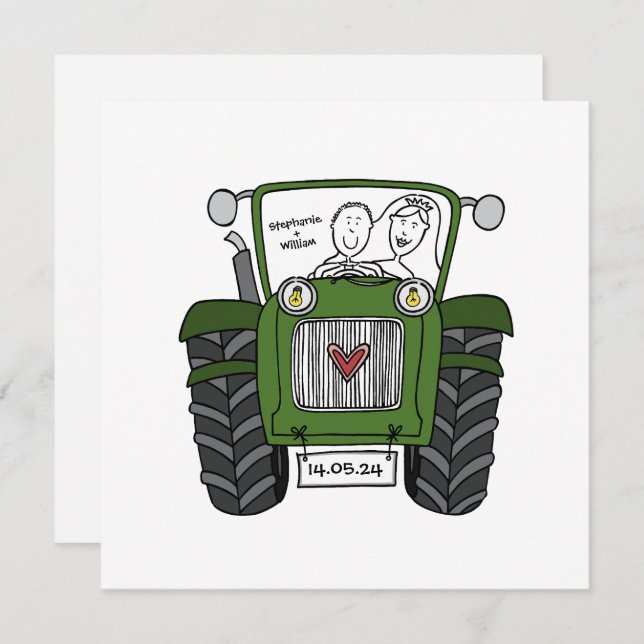 Custom Country Wedding Green Tractor Evening  Invitation (Front/Back)