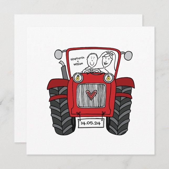 Custom Country Wedding Red Tractor Invitation (Front/Back)