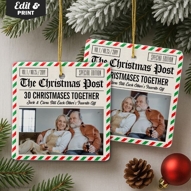 Custom Couple Anniversary Gift Christmas Newspaper Ceramic Ornament (Custom Couple Anniversary Gift Christmas Newspaper Ceramic Ornament)