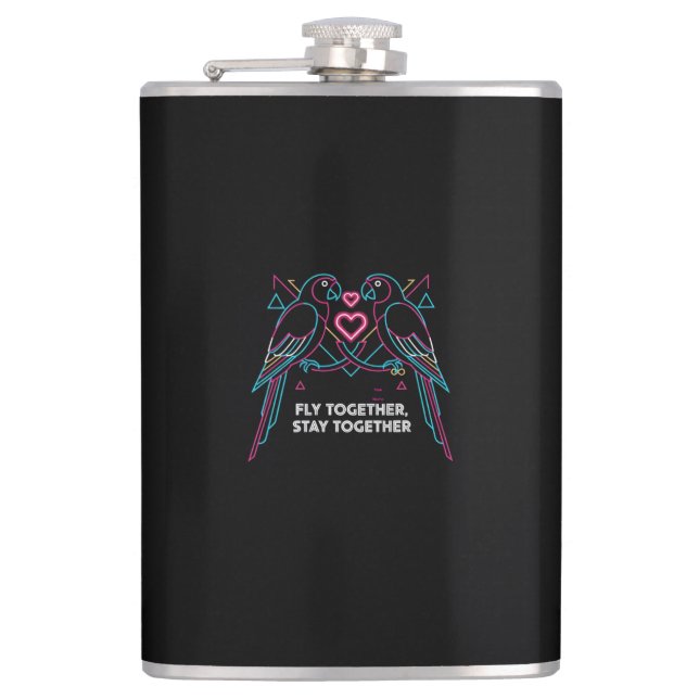 Custom Couple Anniversary Neon Parrots Winter Hood Hip Flask (Front)