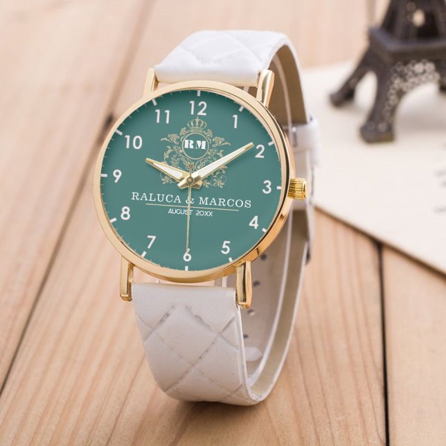 Custom couple floral names monogram  green watch (Creator Uploaded)
