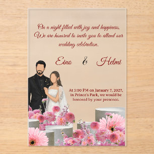 Custom Couple Floral WI.–Pink Flowers &Script Font Acrylic Invitations