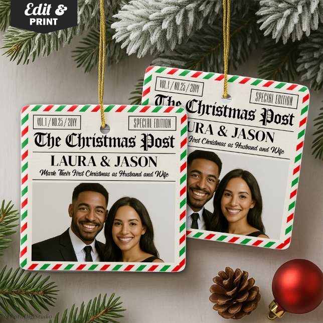 Custom Couple Gift Our First Christmas Newspaper Ceramic Ornament (Custom Couple Gift Our First Christmas Newspaper Ceramic Ornament)