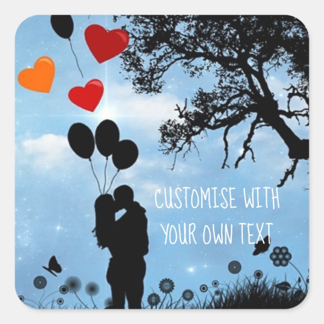 Custom Couple in Love Silhouette and Balloons Square Sticker (Front)
