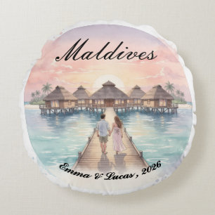 Custom Couple Maldives Honeymoon Keepsake Round Cushion