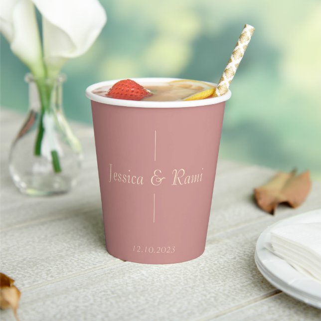 Custom Couple Name Date Elegant Purple Monogram Paper Cups (Insitu)