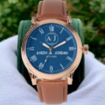 Custom Couple names Lovers Wedding Romantic Gifts  Watch<br><div class="desc">Personalized watch with the name of the lover, the initial of the monogram Create your own custom brand luxury watch with Blue navy luxury elegant couple Monogram Watch. Timeless elegant watch dial design with fine indexes. Add your own custom monogram, custom name, designer name, initials, year of birth, logo, icon,...</div>