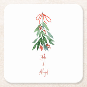 Custom Couple Names Mistletoe Christmas Square Paper Coaster