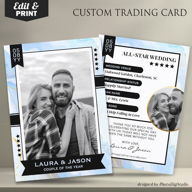 Custom Couple Trading Card, Wedding Thank You Calling Card (Wedding Trading Card Template, Custom Couple Trading Card, Wedding Thank You Card Blue Gold & Black)