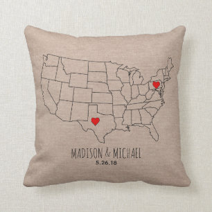 Custom couple USA state map names & date heart map Cushion