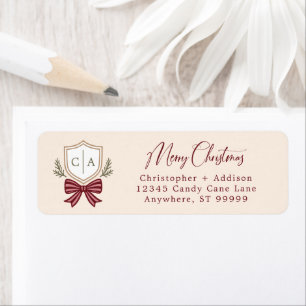 Custom Couple's Monogram Crest Bow Christmas Return Address Label
