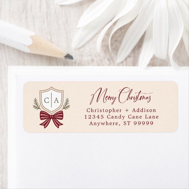 Custom Couple's Monogram Crest Bow Christmas Return Address Label (Insitu)