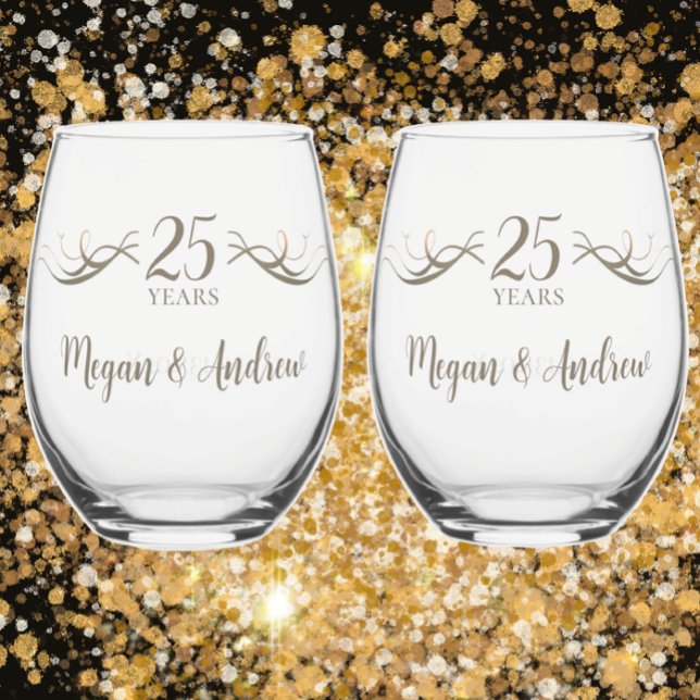 Custom Couples Names 25th Anniversary Keepsake Stemless Wine Glass (Custom keepsake wedding anniversary gift.  Unique modern art couples name date 25 years personalize)