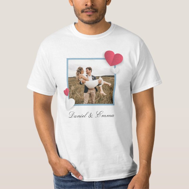 Custom Couples Photo Name Text Personalised  T-Shirt (Front)