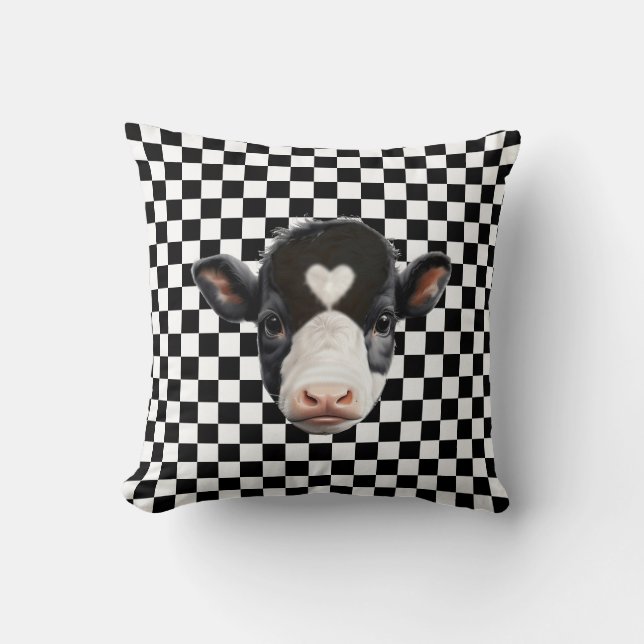 Custom Cow Face on Black & White Chess Pattern Cushion (Front)