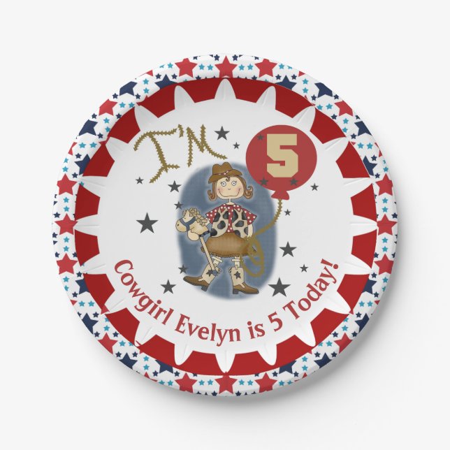 Custom Cowgirl 5th Happy Birthday Paper Plate (Front)
