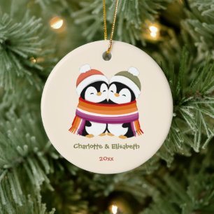 Custom Cozy Lesbian Penguins Christmas Ceramic Ornament