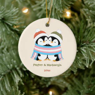 Custom Cozy Trans Penguins Christmas Ceramic Ornament